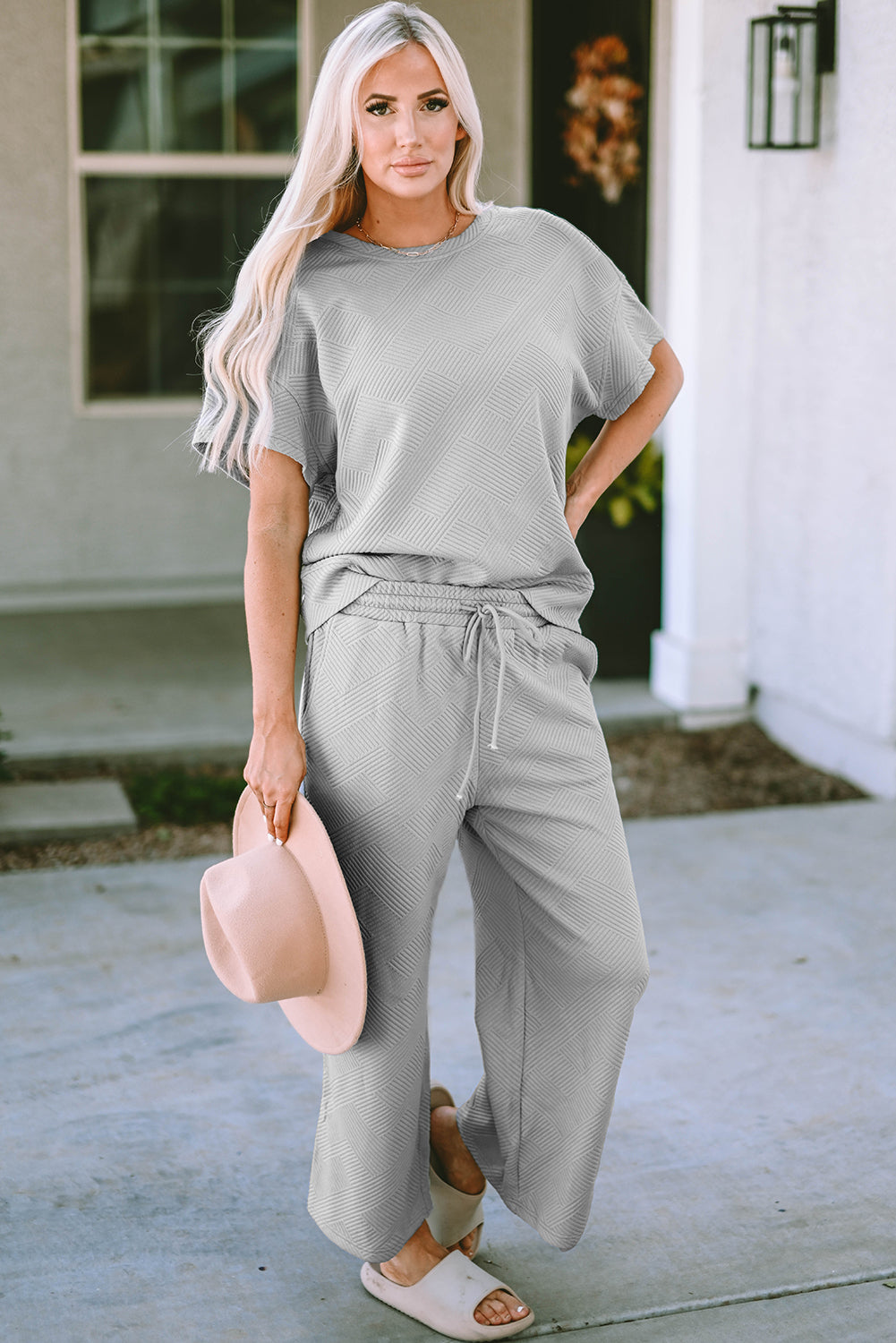 Gray Textured Loose Fit T Shirt and Drawstring Pants Set-Chaelisa's New Jammies