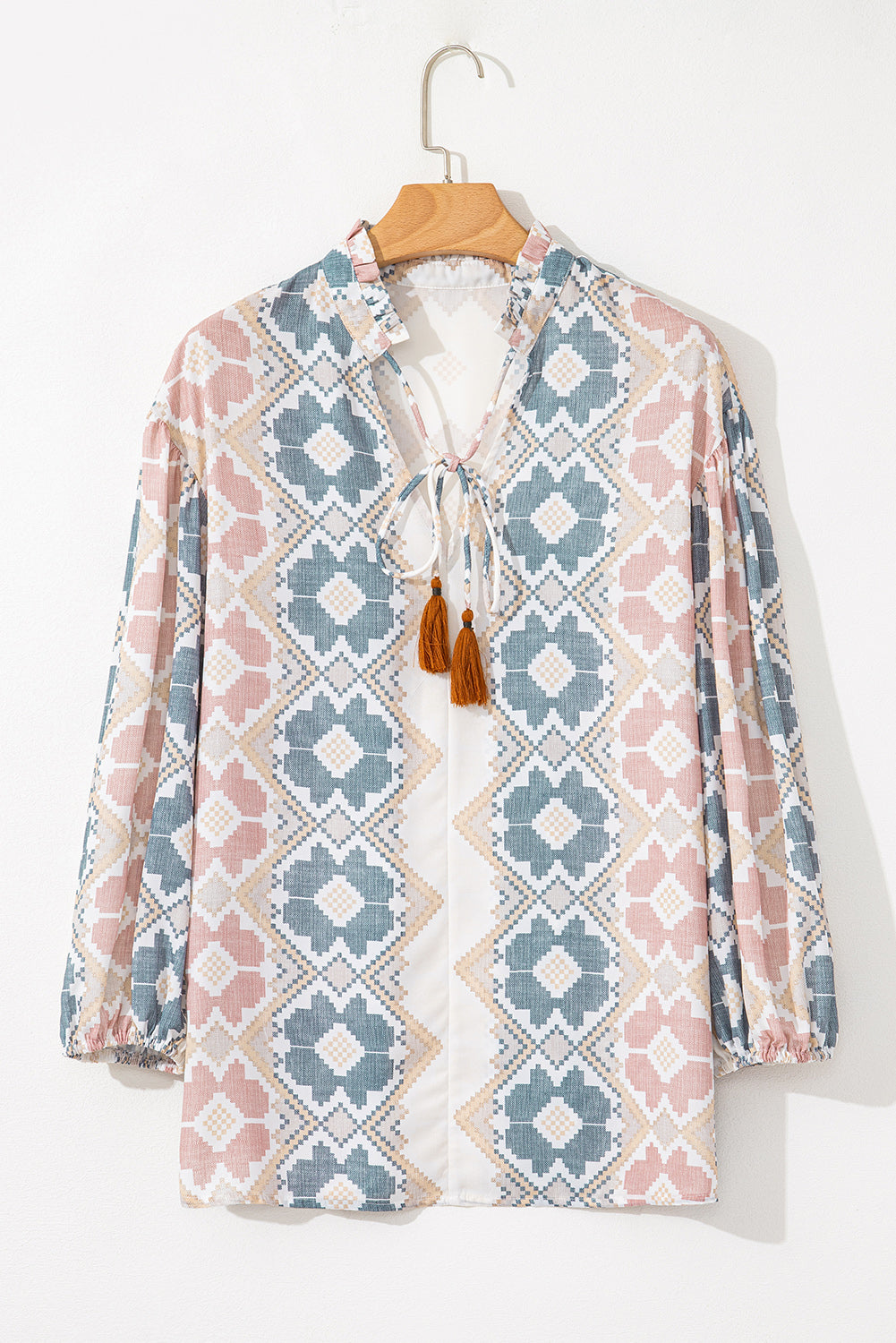 Khaki Geometric Print Tassel Tie Split Neck Balloon Sleeve Blouse-Chaelisa's New Jammies
