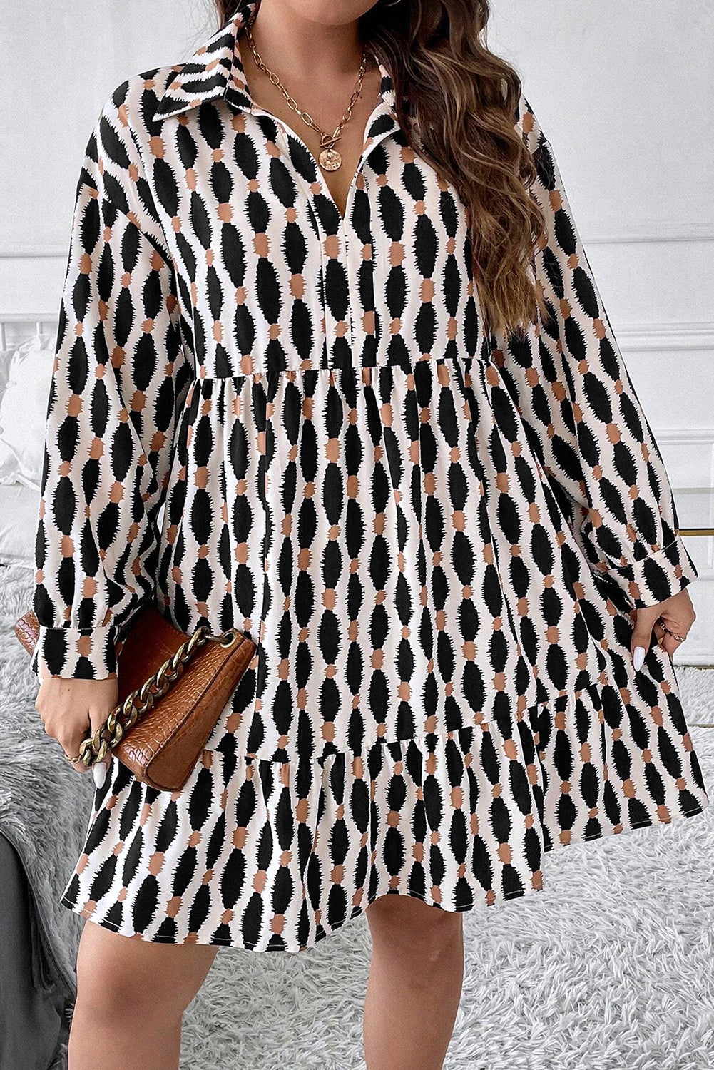 Apricot Abstract Print Collared V Neck Plus Size Mini Dress-Chaelisa's New Jammies