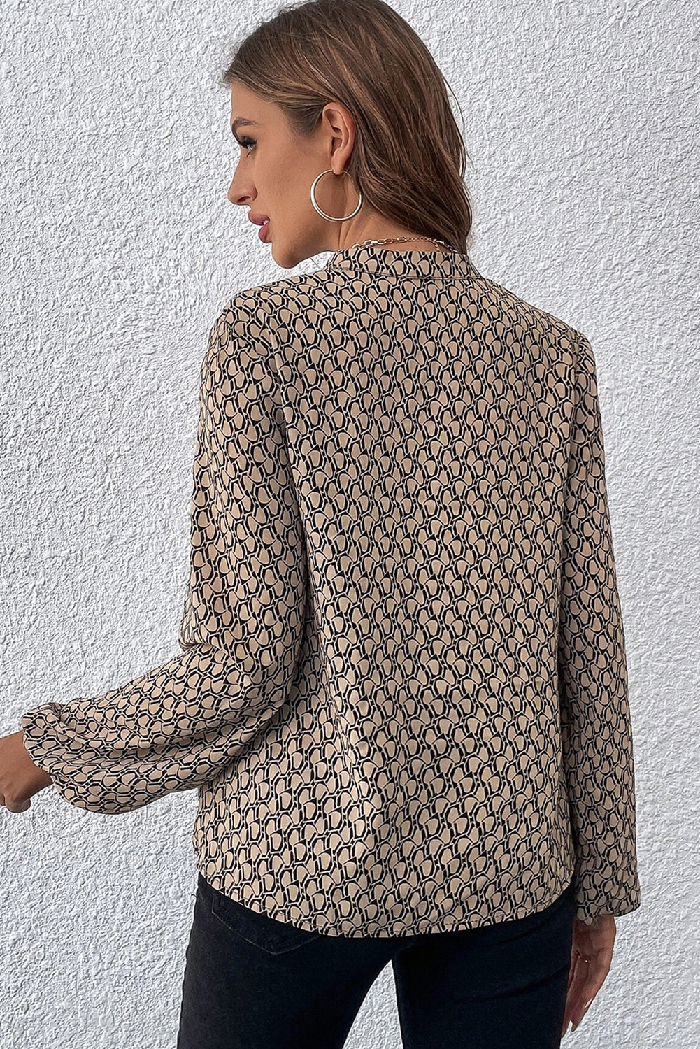 Khaki Geometric Print Notched Neck Puff Sleeve Blouse-Chaelisa's New Jammies