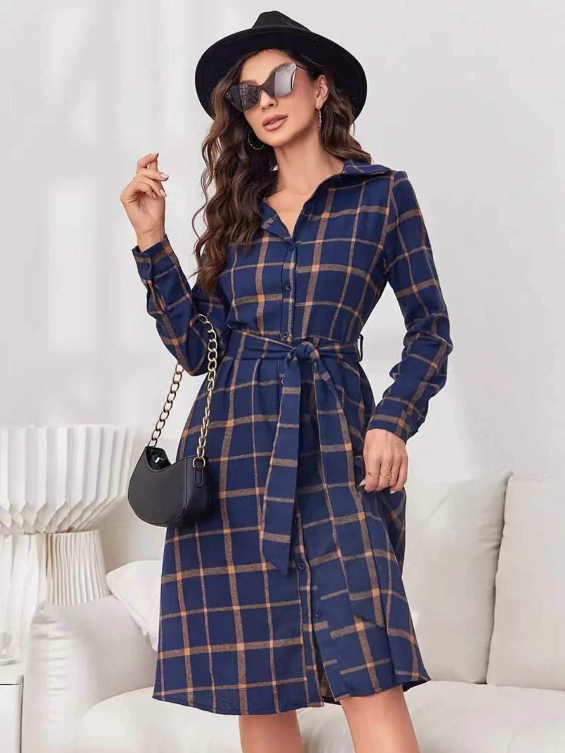 Plaid Tie Waist Long Sleeve Dress-Chaelisa's New Jammies