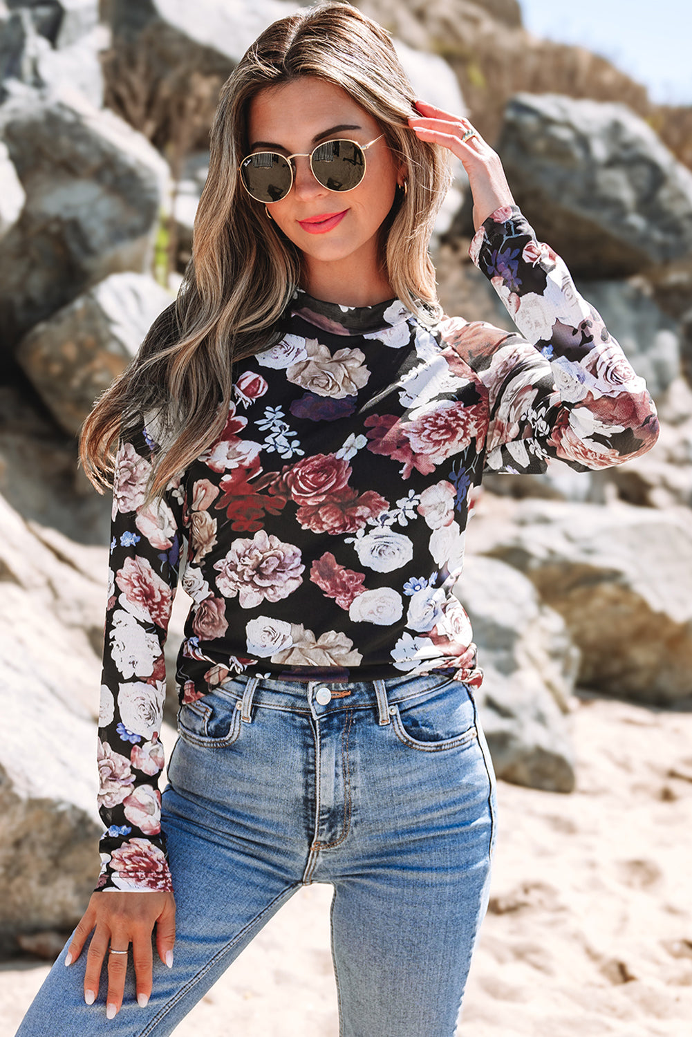 Pink Mesh Floral Print Mock Neck Long Sleeve Slim Top-Chaelisa's New Jammies