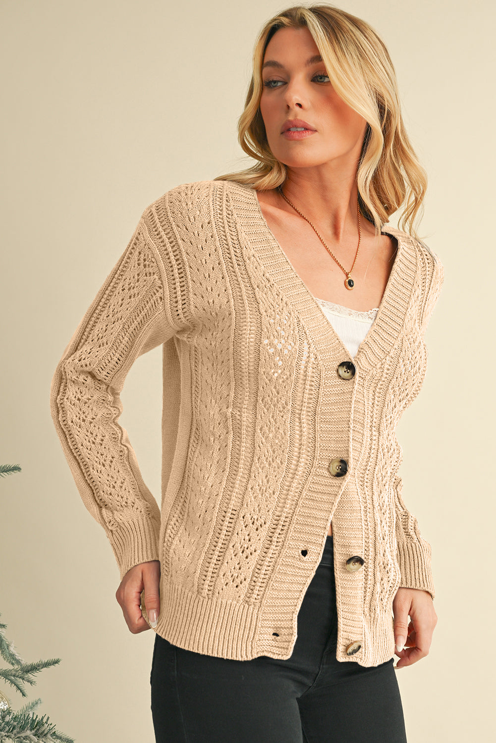 Dark Khaki Hollow Knit Drop Shoulder Cardigan-Chaelisa's New Jammies