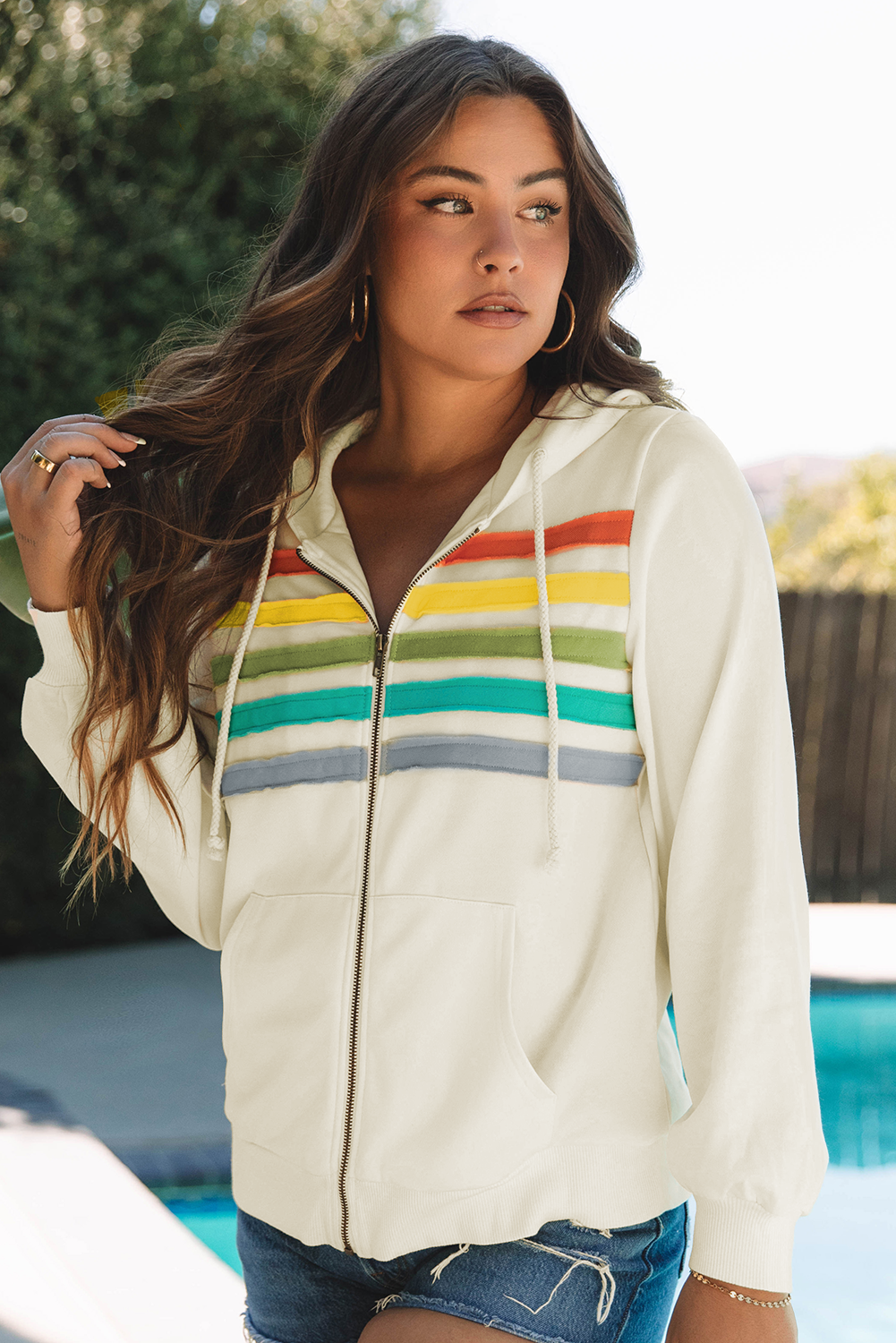 Apricot Colorblock Striped Patchwork Side Pockets Zipper Hoodie-Chaelisa's New Jammies