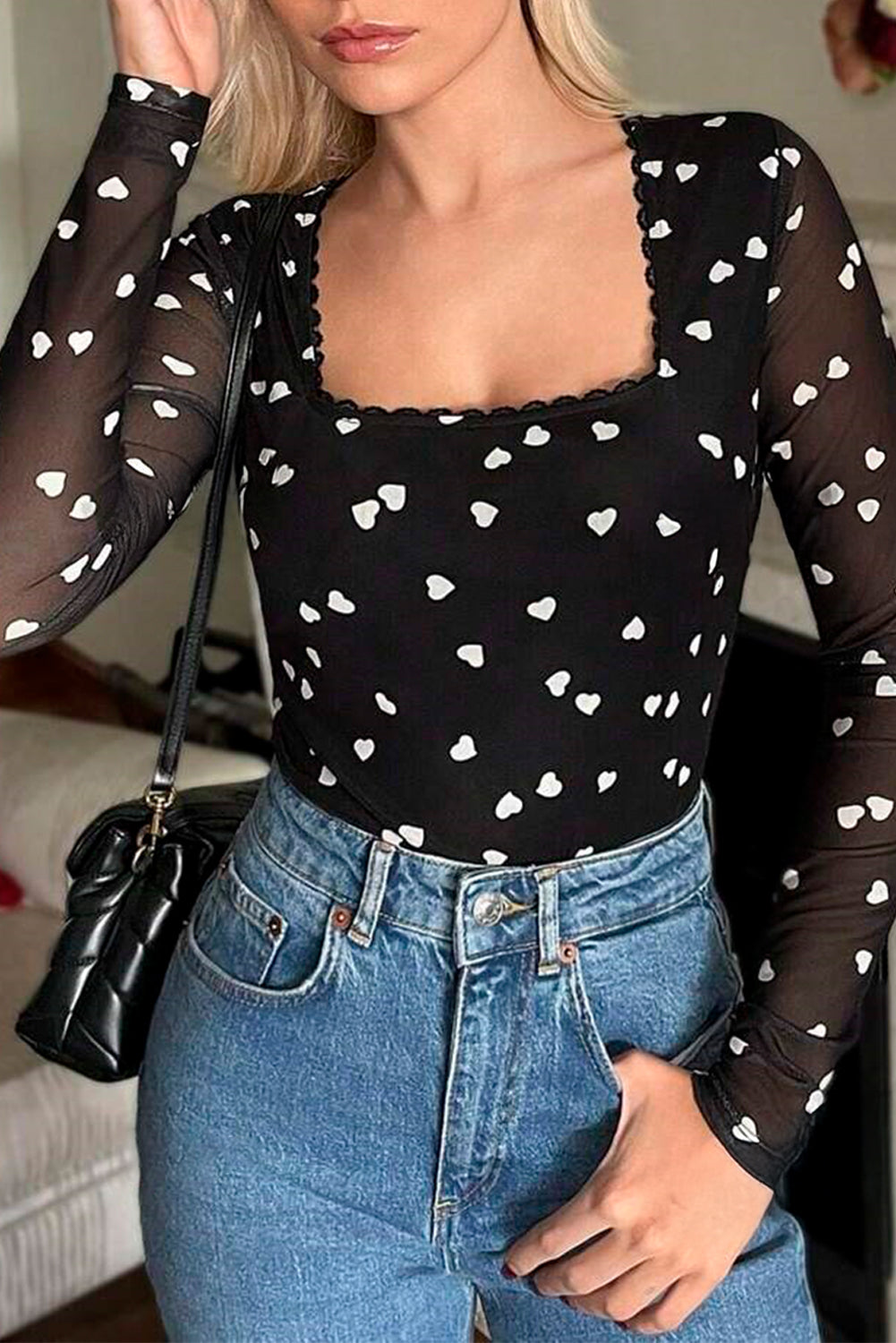 Black Heart Shape Mesh Patchwork Square Neck Bodysuit-Chaelisa's New Jammies