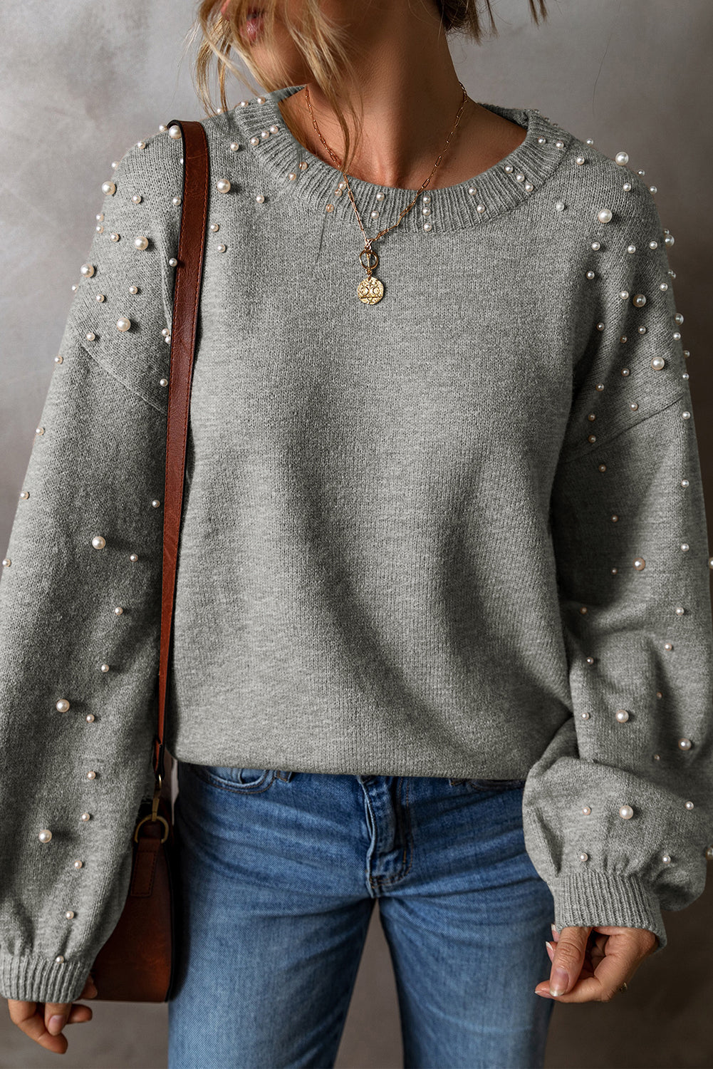Light Grey Pearled Drop Shoulder Round Neck Sweater-Chaelisa's New Jammies