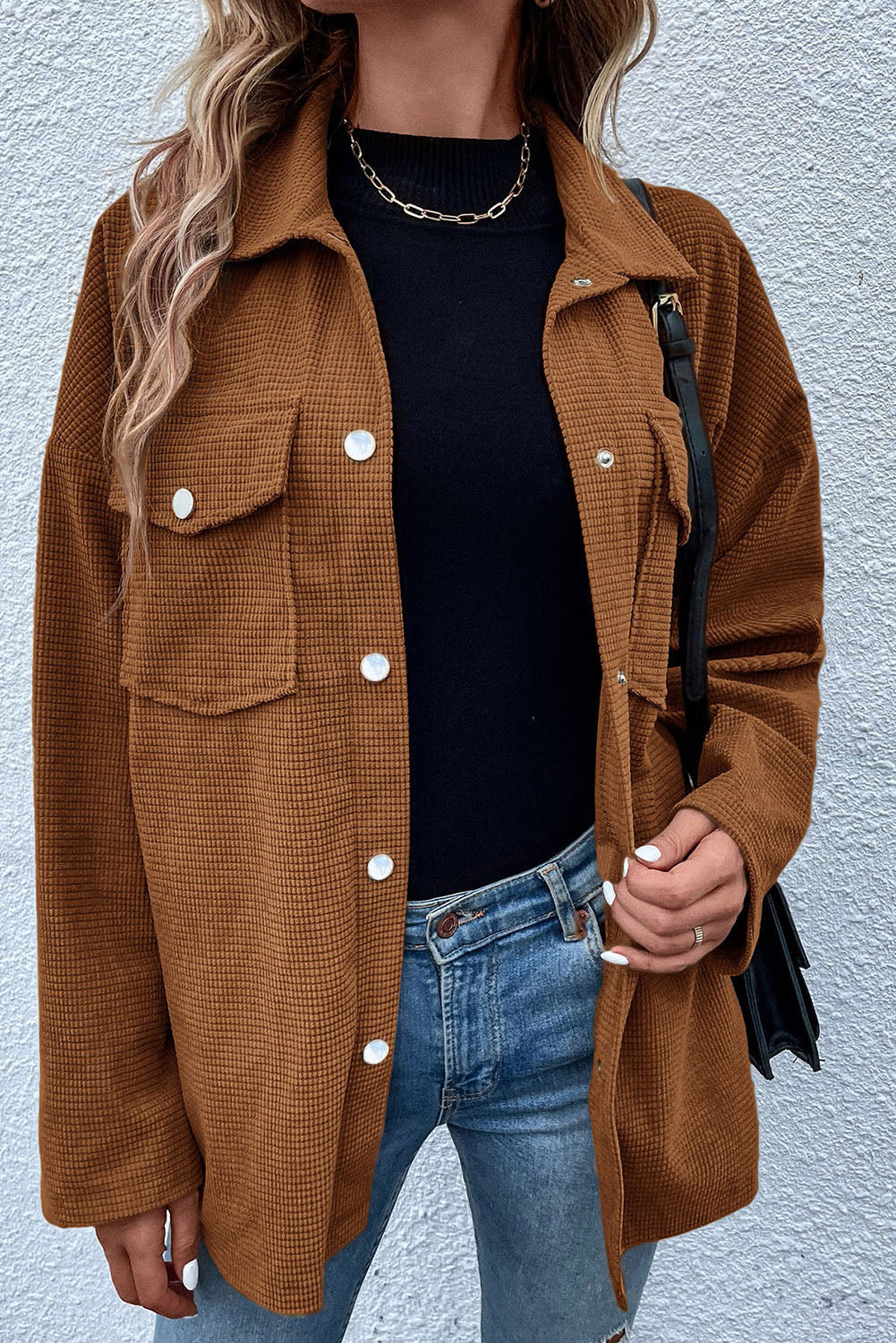 Brown Textured Flap Pocket Drop Shoulder Shacket-Chaelisa's New Jammies
