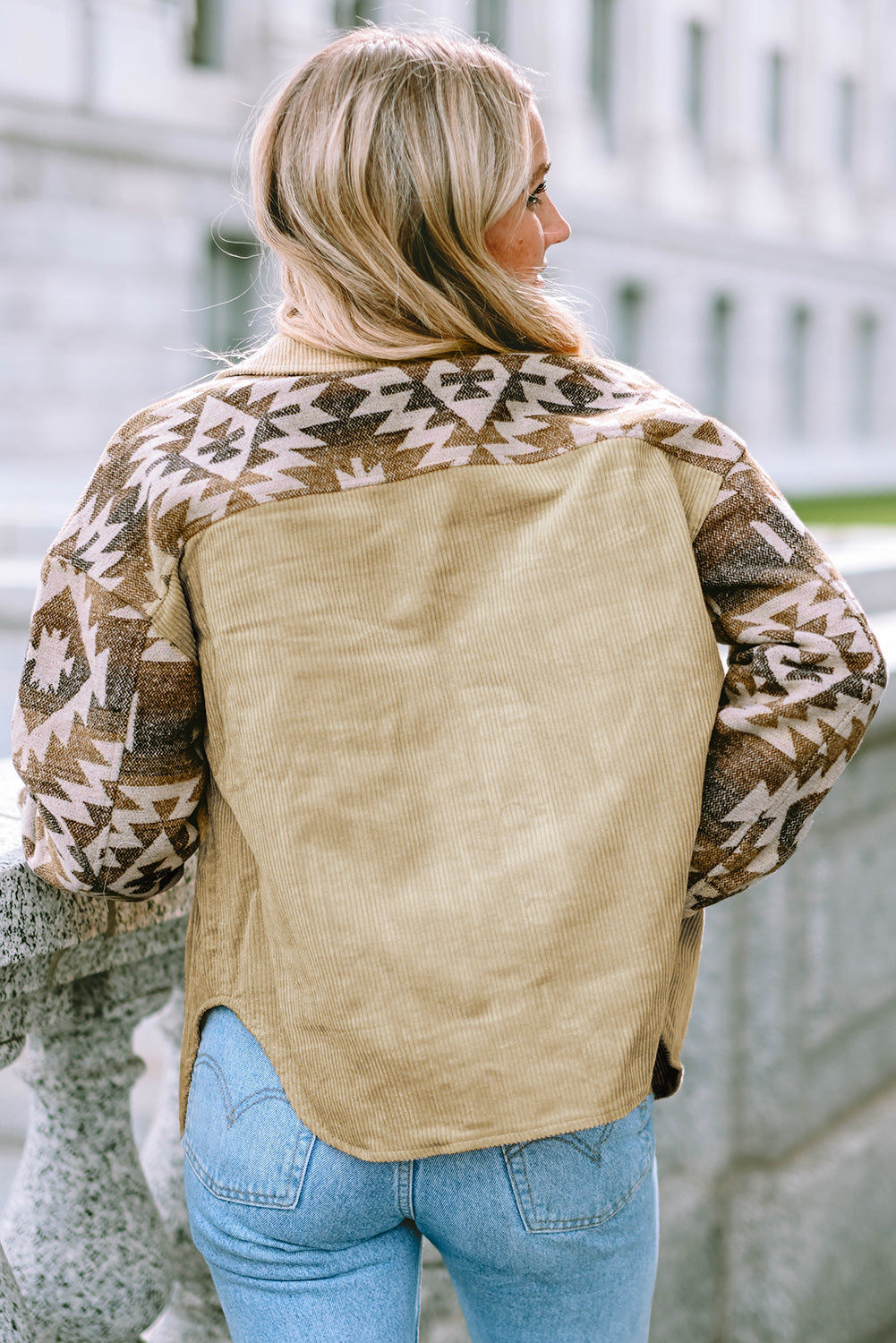 Khaki Aztec Print Patchwork Frayed Edge Corduroy Jacket-Chaelisa's New Jammies