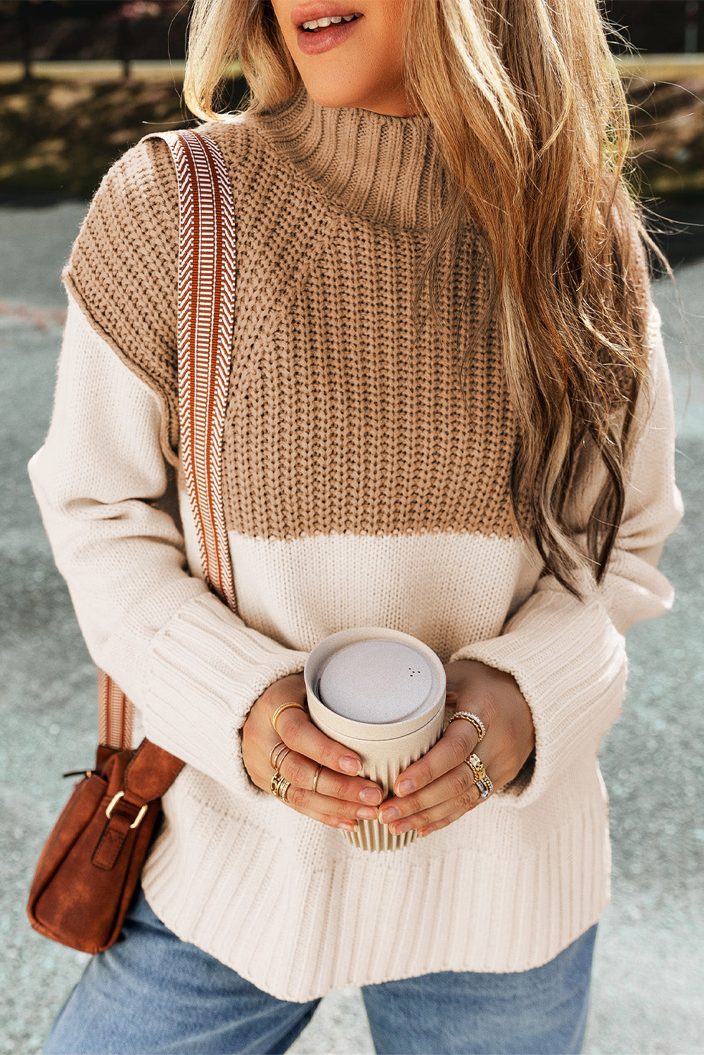 Parchment Cable Knit Color Block Side Splits High Neck Sweater-Chaelisa's New Jammies