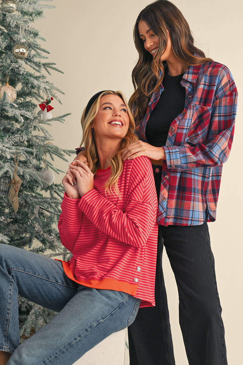 Red Plaid Print Drop Sleeve Loose Shirt-Chaelisa's New Jammies