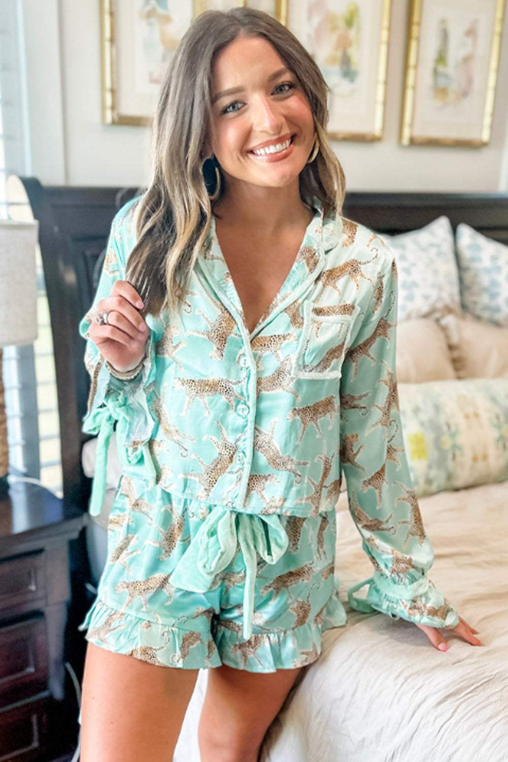 Green Leopard Satin Ruffle Pajama Short Set-Chaelisa's New Jammies