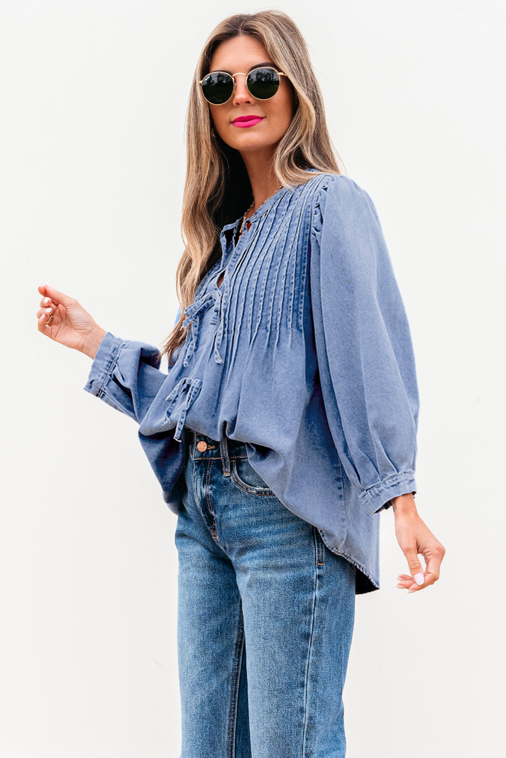 Myosotis Denim Front Pintuck Bow Tie Puff Sleeve Top-Chaelisa's New Jammies