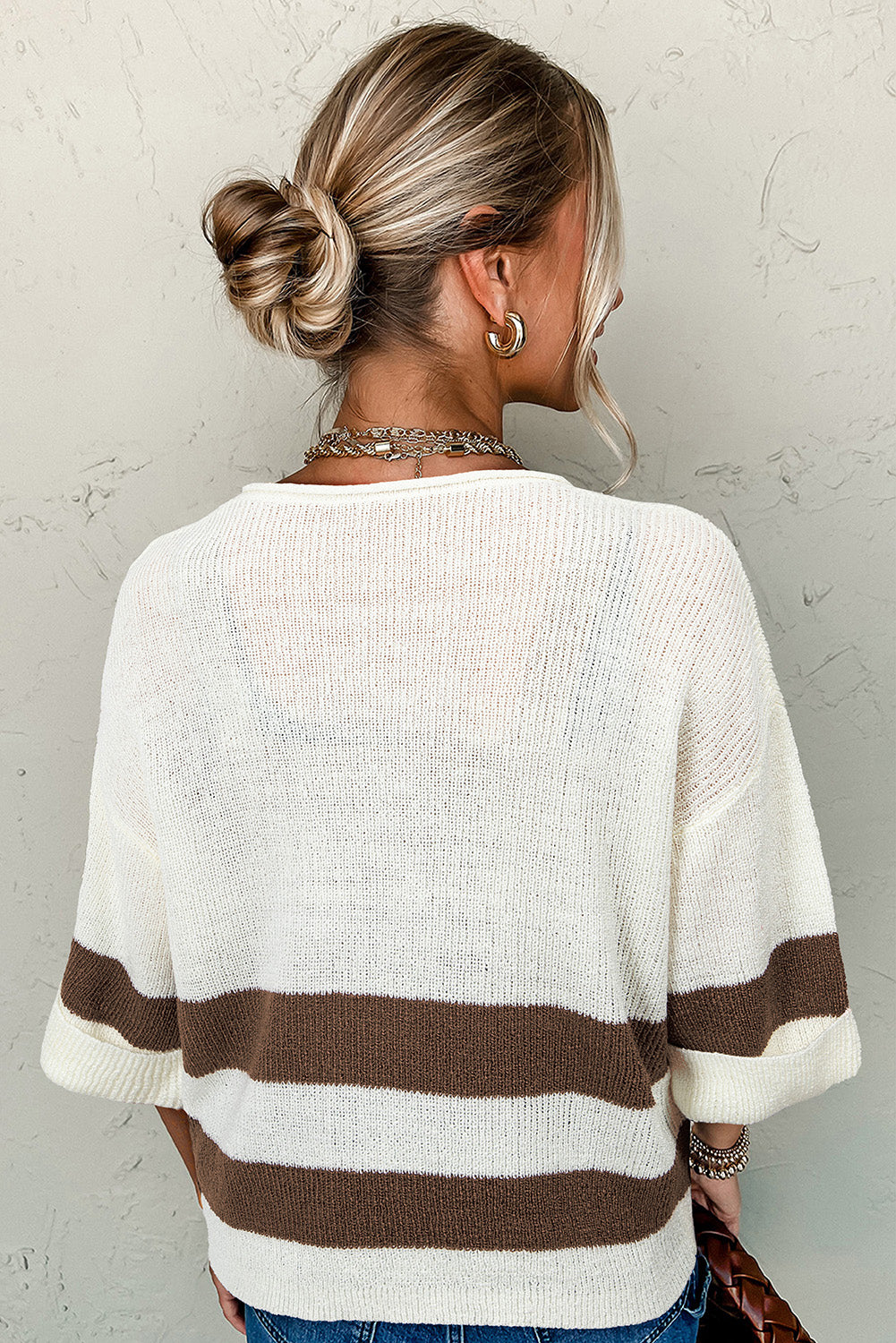 Brown Striped Accent Notched V Neck Cropped Sweater T Shirt-Chaelisa's New Jammies