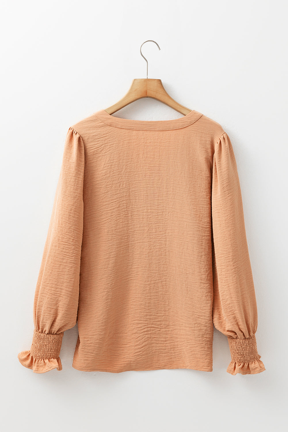 Straw Yellow Solid Color Shirred Cuff Notch V Neck Blouse-Chaelisa's New Jammies