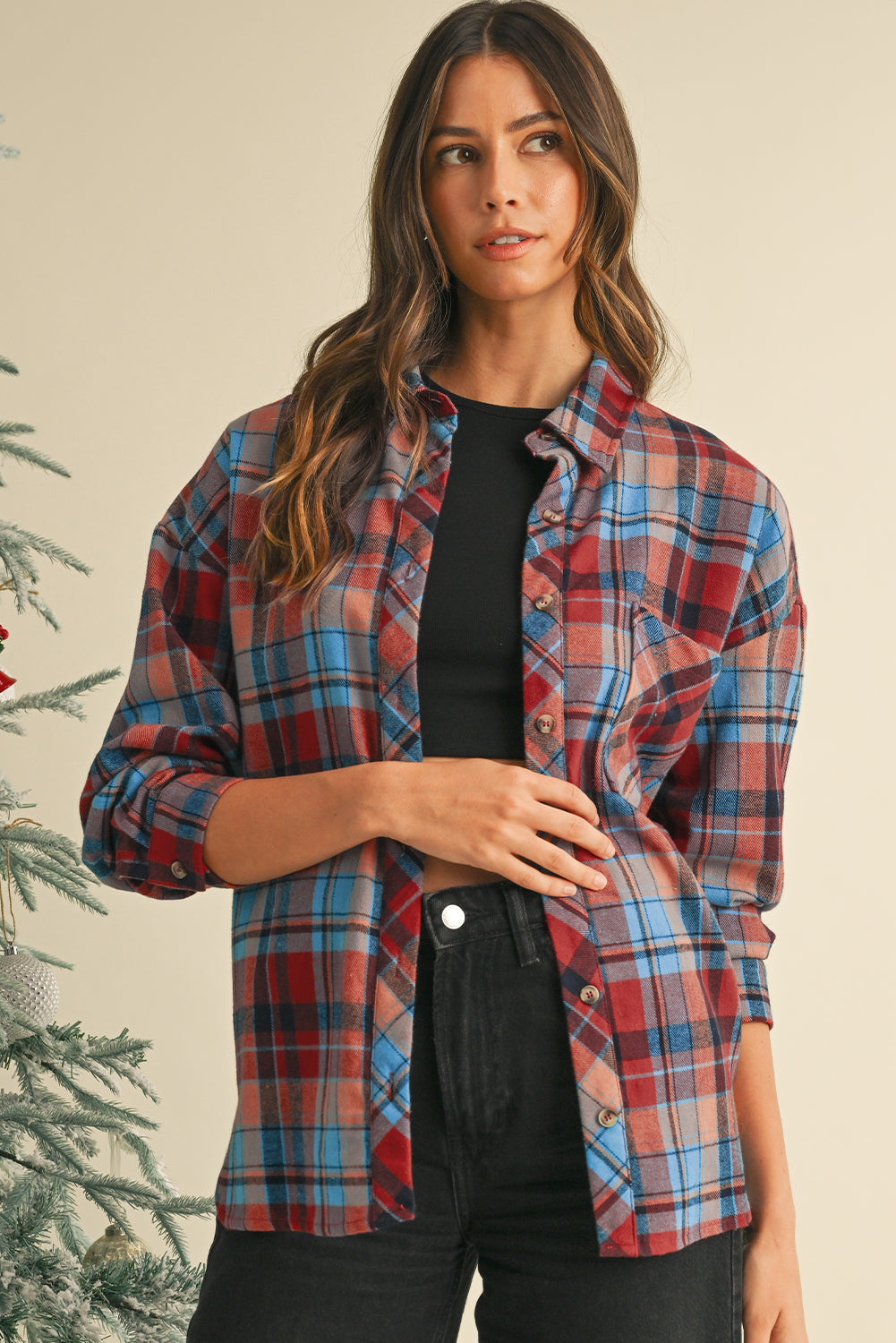 Red Plaid Print Drop Sleeve Loose Shirt-Chaelisa's New Jammies