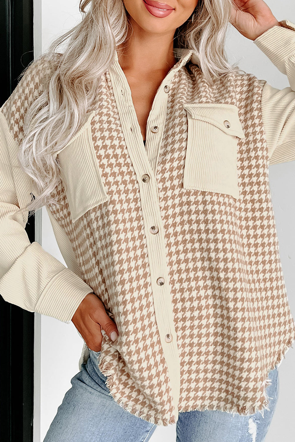 Parchment Houndstooth Corduroy Patchwork Flap Pocket Shacket-Chaelisa's New Jammies