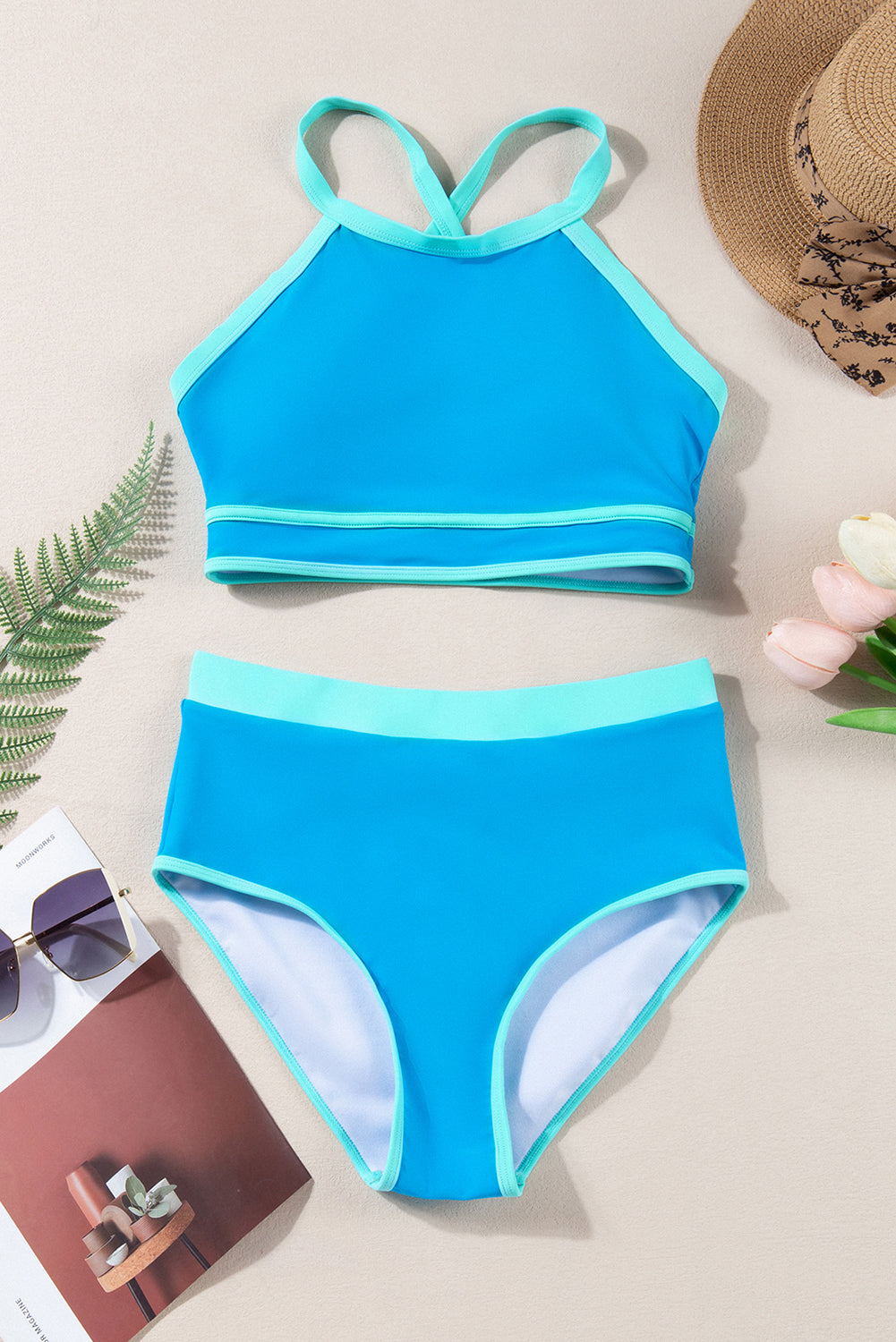 Blue Contrast Trim Crisscross Back High Waisted Bikini-Chaelisa's New Jammies