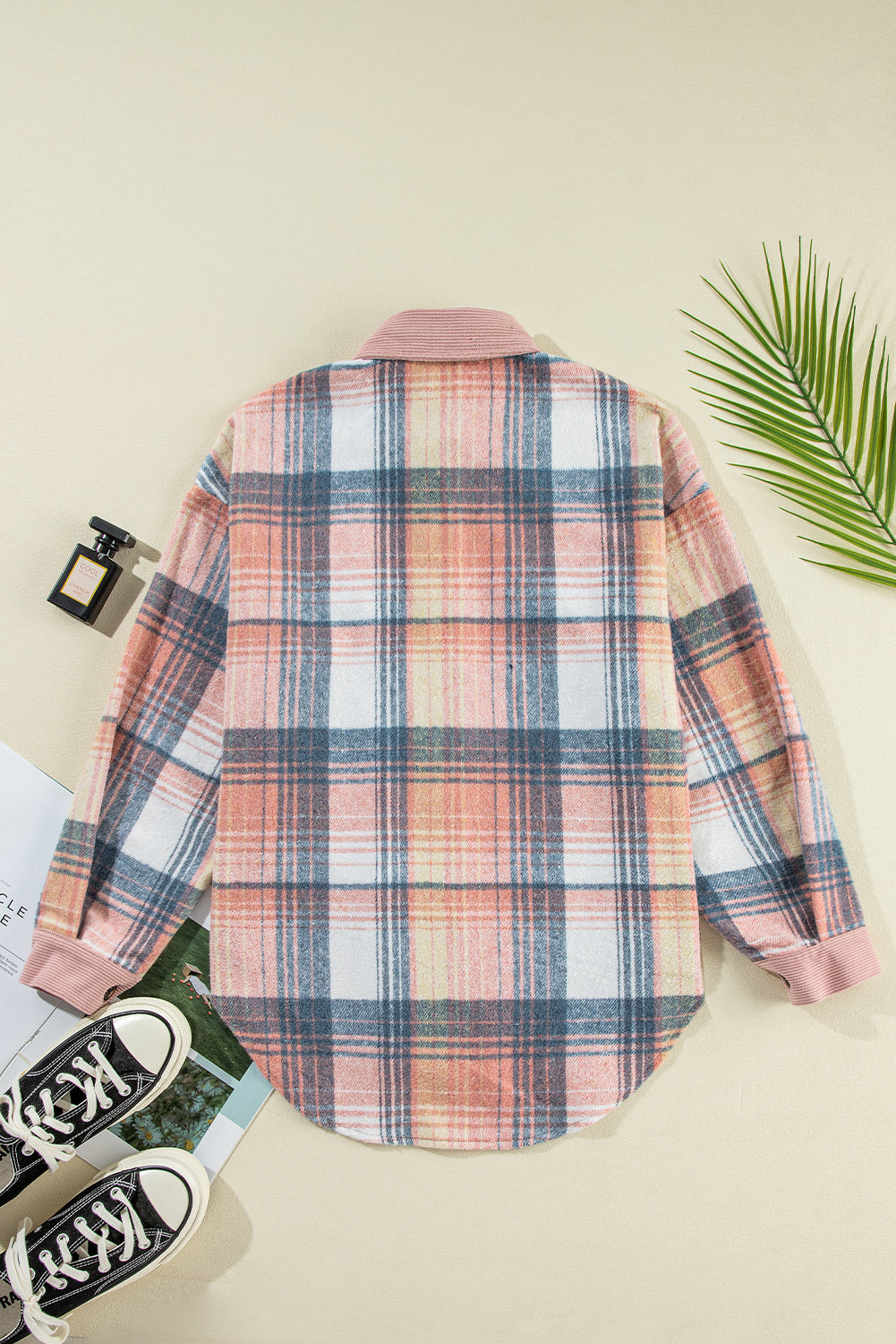 Light Pink Plaid Corduroy Patchwork Pocket Loose Shacket-Chaelisa's New Jammies