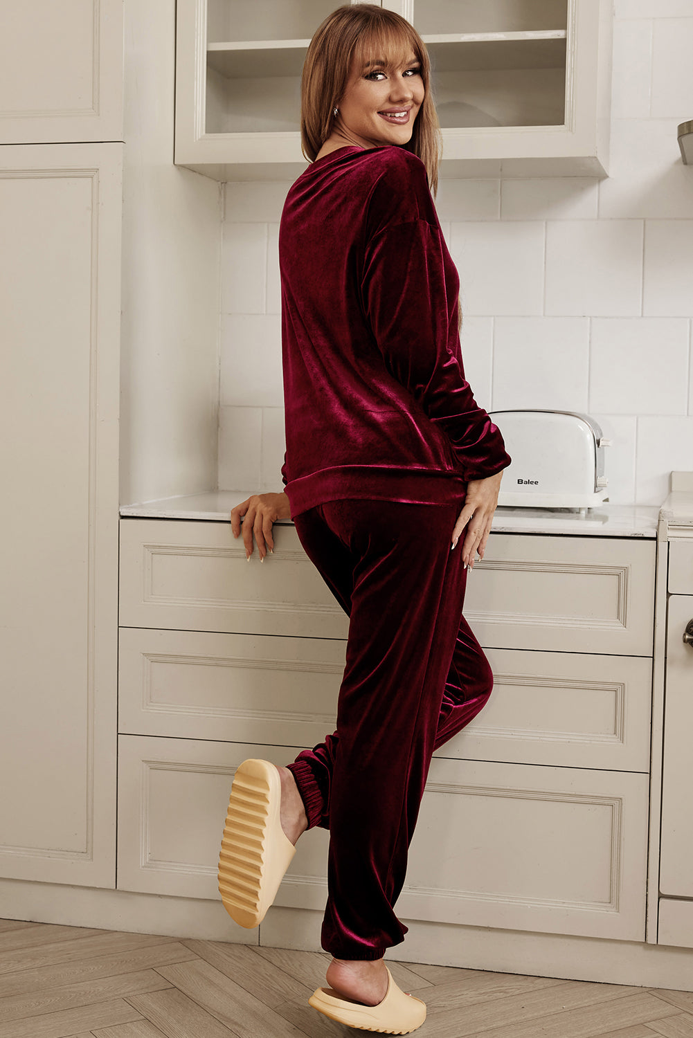 Fiery Red Solid Velvet Two Piece Lounge Set-Chaelisa's New Jammies