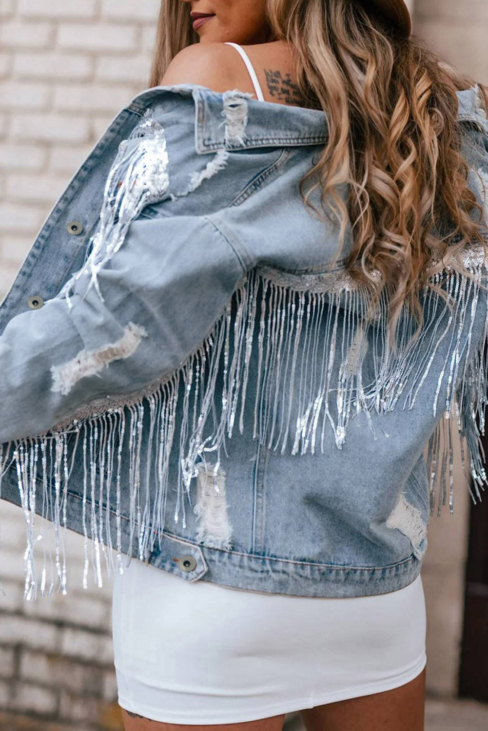 Sky Blue Sequin Embellished Fringe Distressed Denim Jacket-Chaelisa's New Jammies