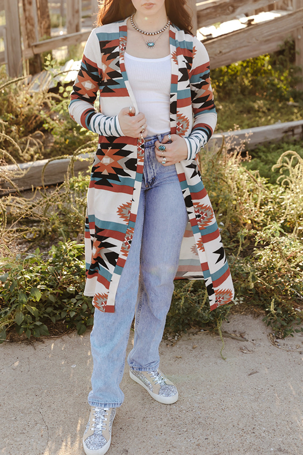 Multicolor Geometric Color Block Open Front Long Cardigan-Chaelisa's New Jammies