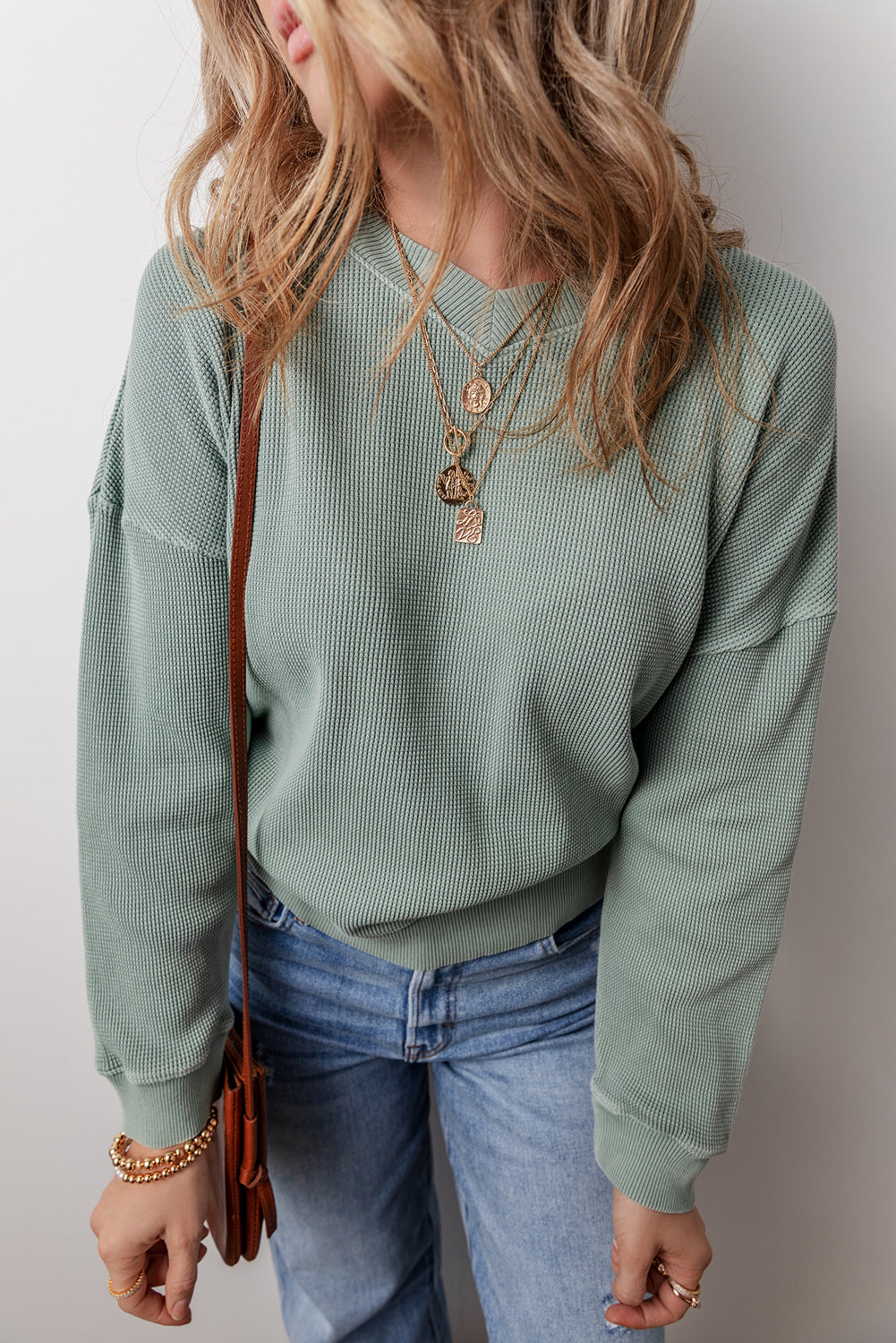 Clearly Aqua Waffle Knit Drop Shoulder V Neck Top-Chaelisa's New Jammies