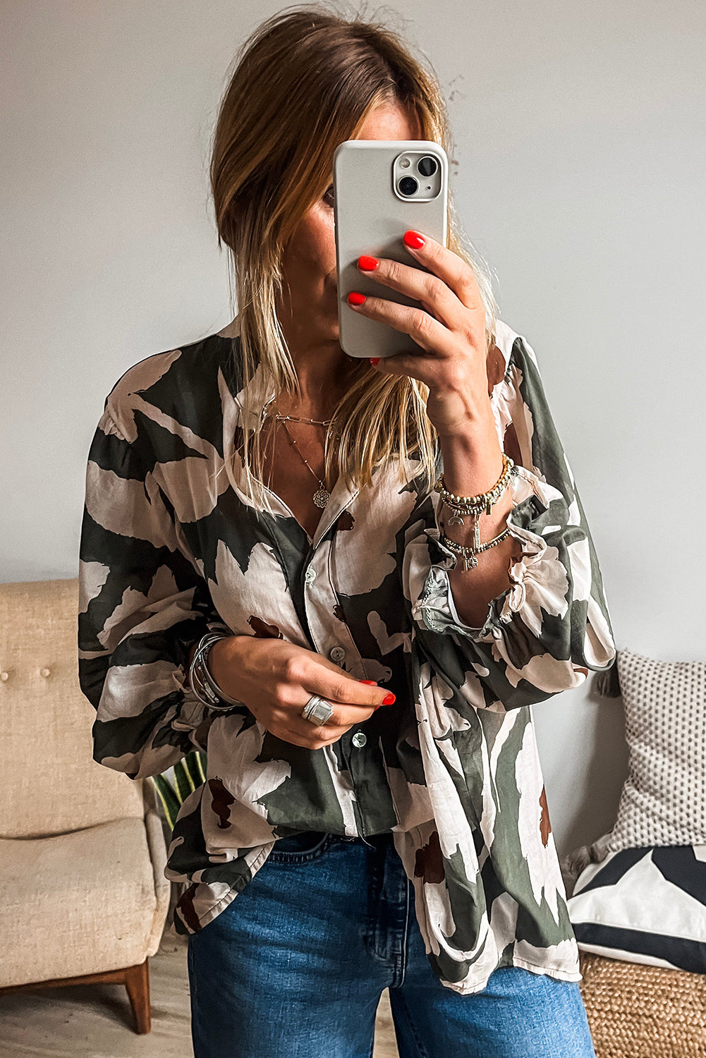 Four Leaf Clover Abstract Floral Print Puff Sleeve Half Button Blouse-Chaelisa's New Jammies