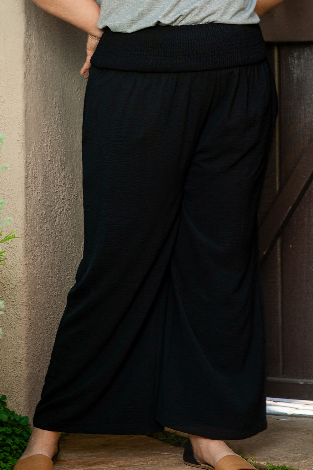 Black Shirred High Waist Plus Size Wide Leg Pants-Chaelisa's New Jammies