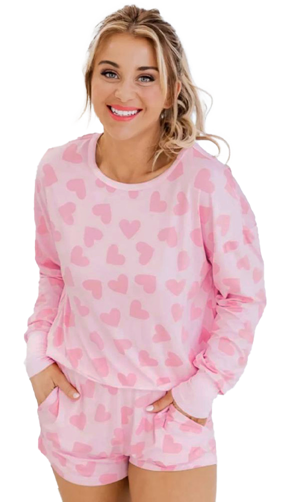 Pink Heart Print Long Sleeve Top and Shorts Loungewear Set-Chaelisa's New Jammies