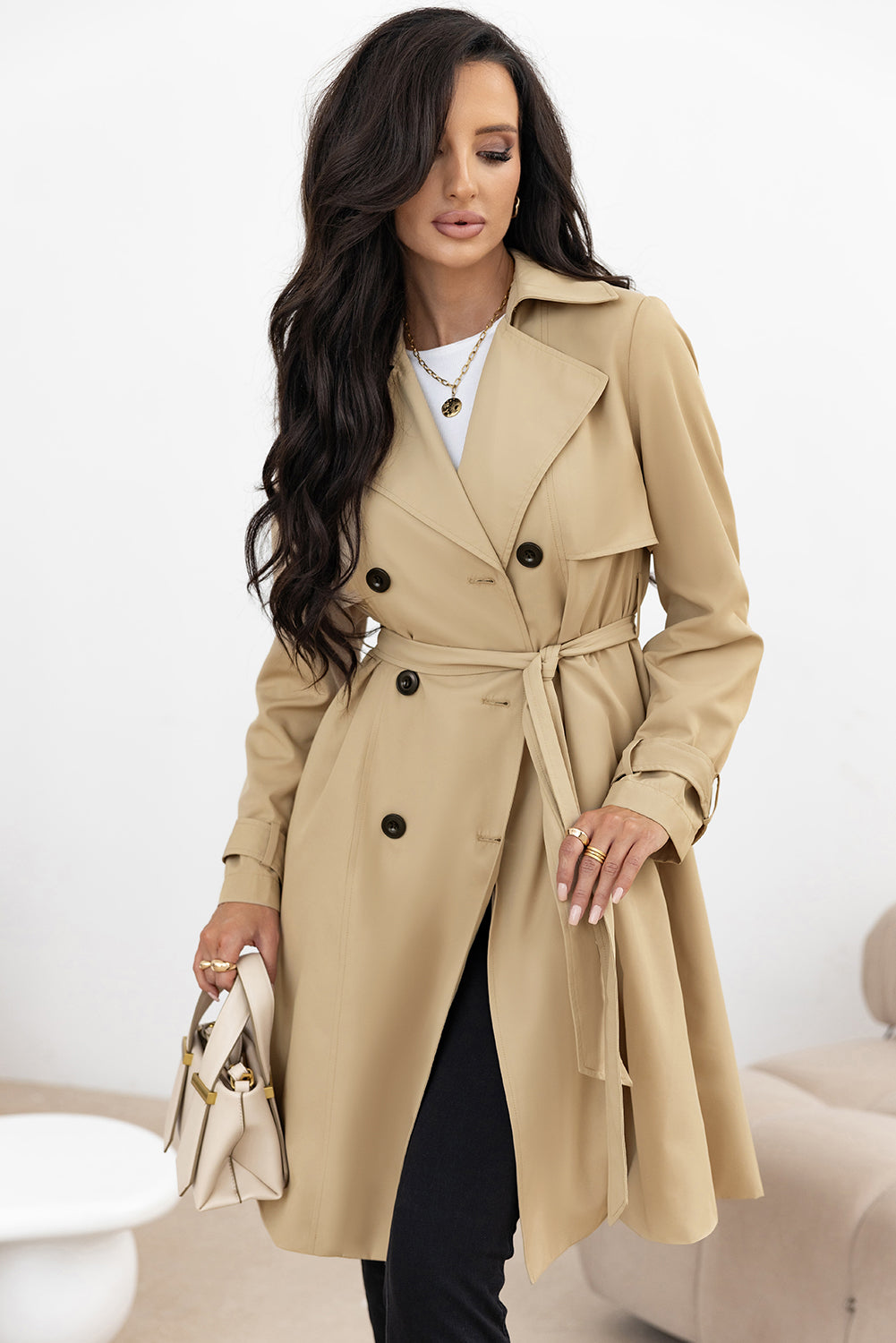 Pale Khaki Solid Color Lapel Collar Waist Tie Wind Coat-Chaelisa's New Jammies
