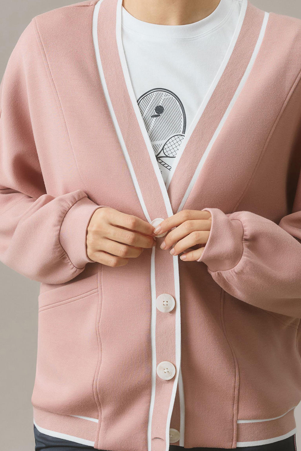 Pink Stripe Contrast Trim V Neck Buttoned Front Pocketed Knit Cardigan-Chaelisa's New Jammies