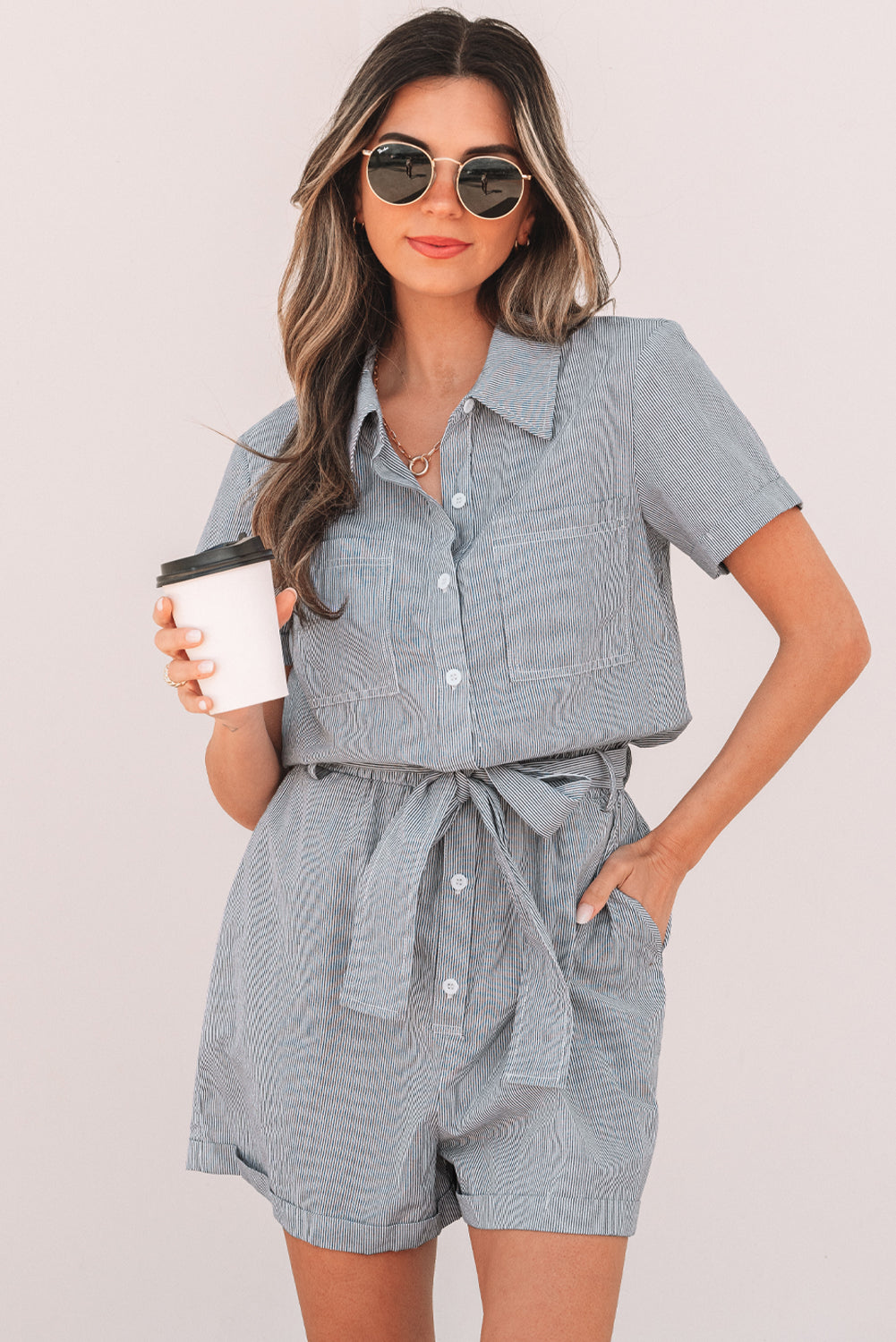 Blue Stripe Chest Pockets Buttoned Belted High Waist Romper-Chaelisa's New Jammies