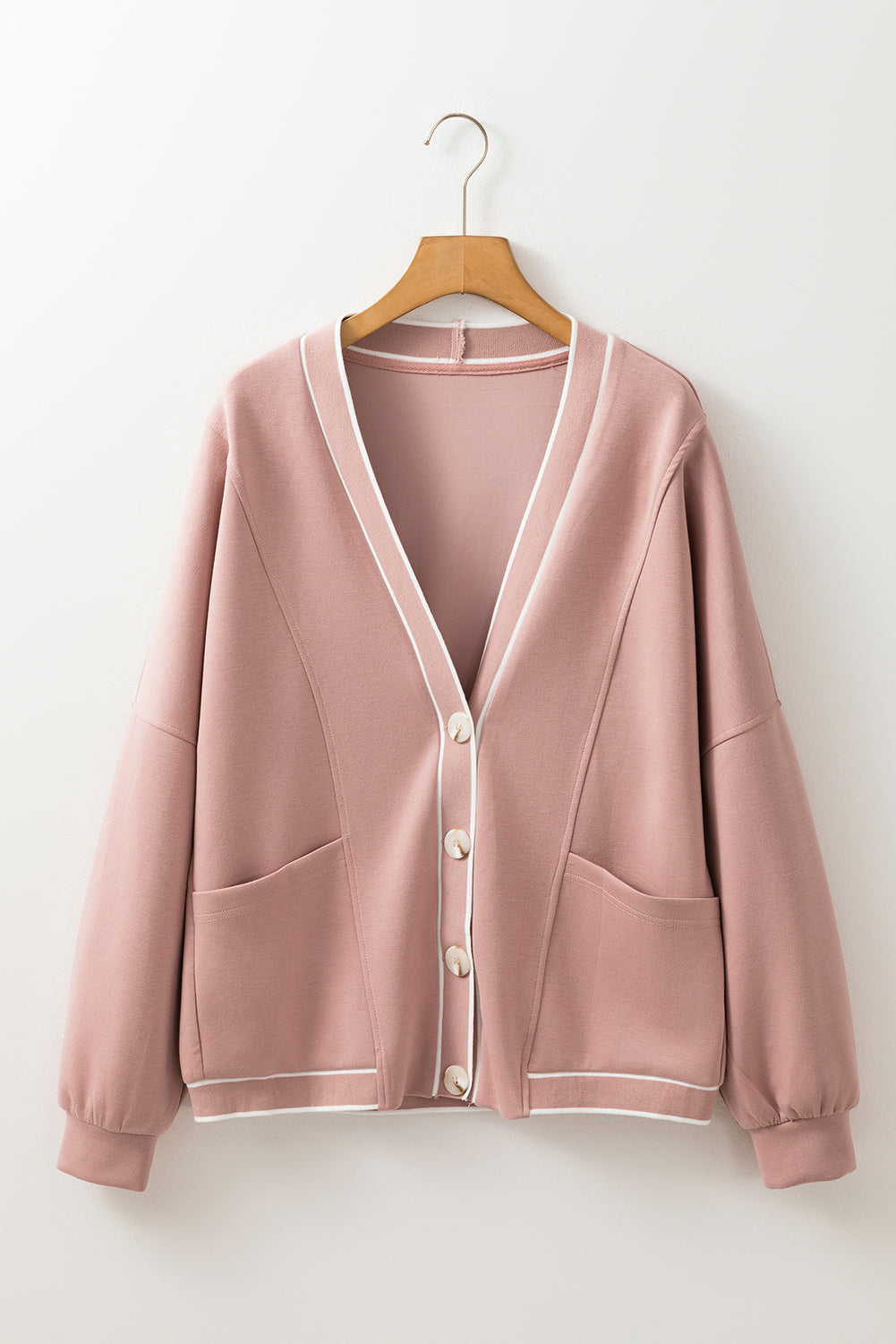 Pink Stripe Contrast Trim V Neck Buttoned Front Pocketed Knit Cardigan-Chaelisa's New Jammies