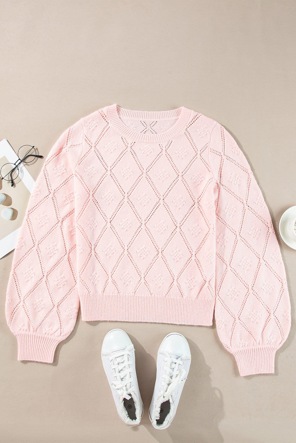 Gossamer Pink Openwork Plaid Puff Sleeve Cropped Sweater-Chaelisa's New Jammies
