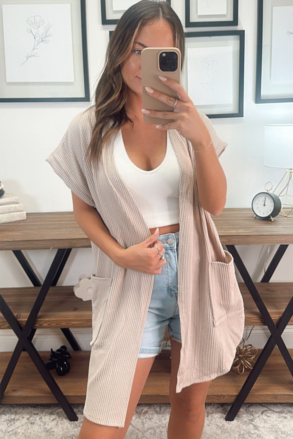 Parchment Ribbed Pocketed Short Sleeve Open Front Top-Chaelisa's New Jammies