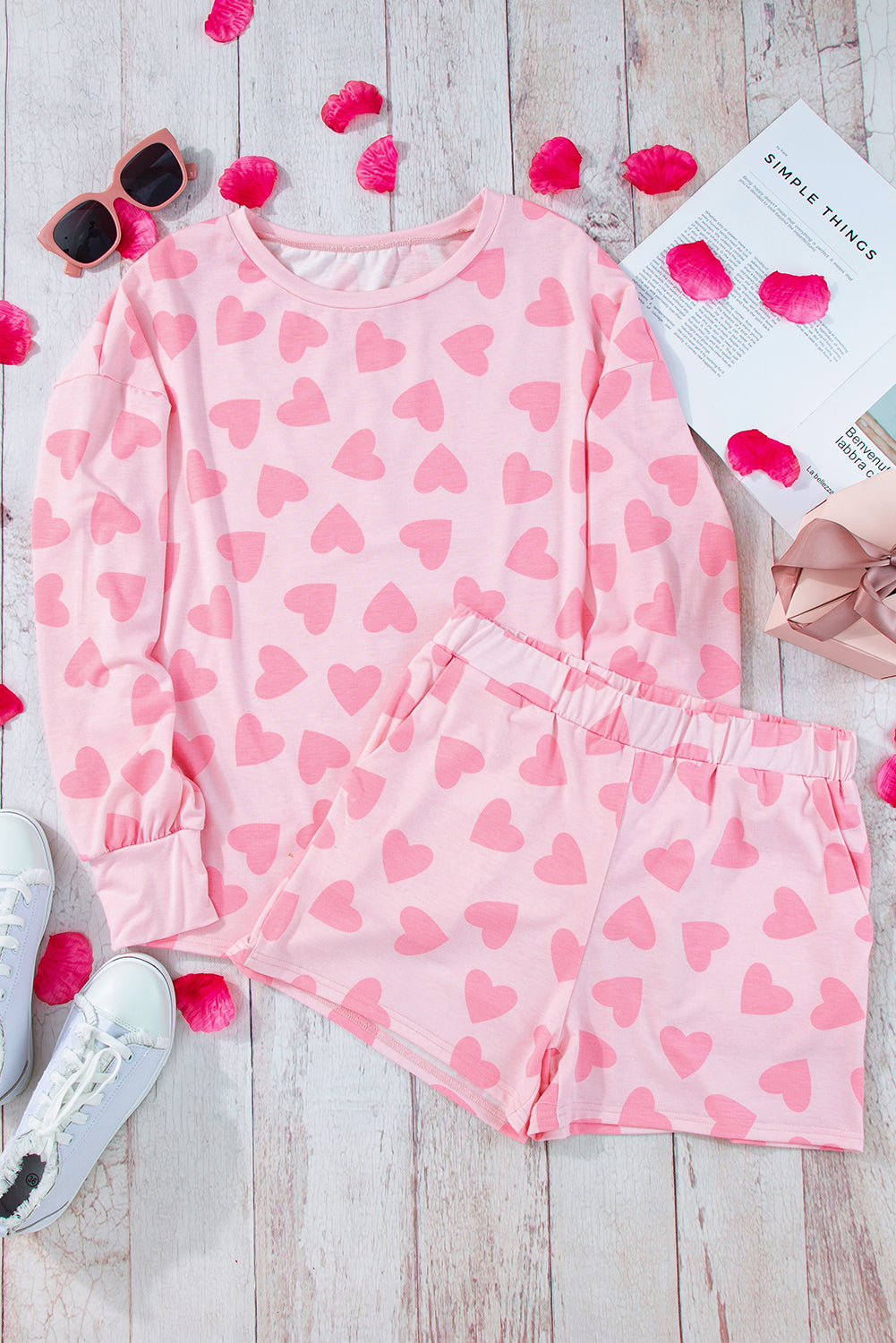 Pink Valentine Heart Shape Print Long Sleeve Top Shorts Lounge Set-Chaelisa's New Jammies