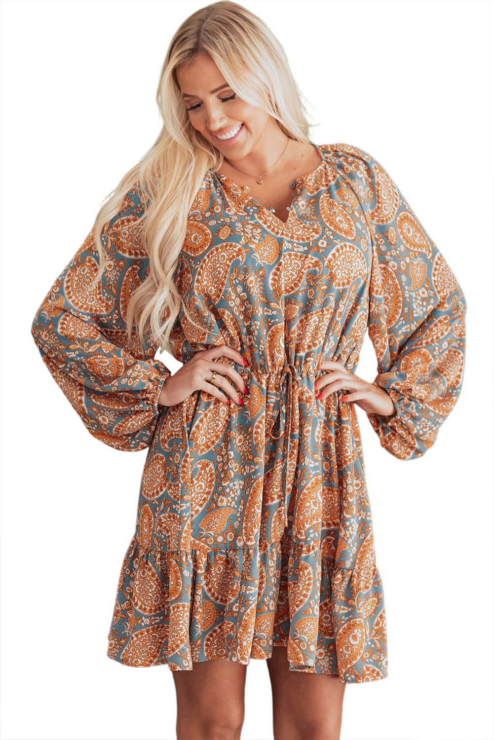 Orange Paisley Print Loose Fit Drawstring High Waist Mini Dress-Chaelisa's New Jammies