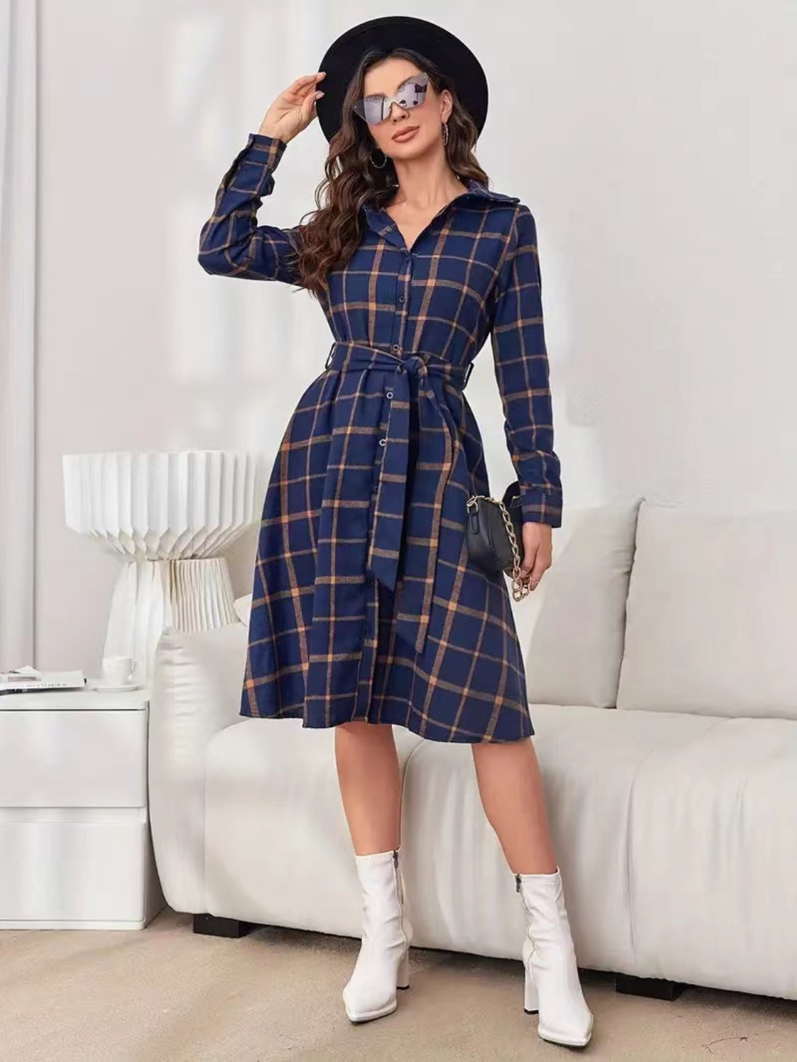 Plaid Tie Waist Long Sleeve Dress-Chaelisa's New Jammies