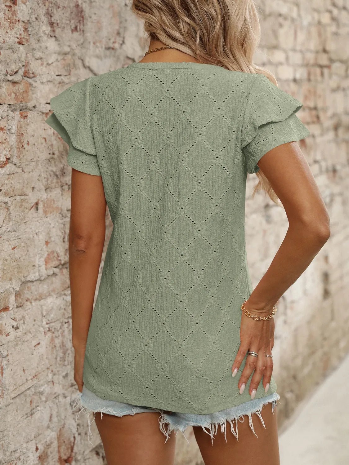 Eyelet V - Neck Ruffled Cap Sleeve Top - Chaelisa's New Jammies