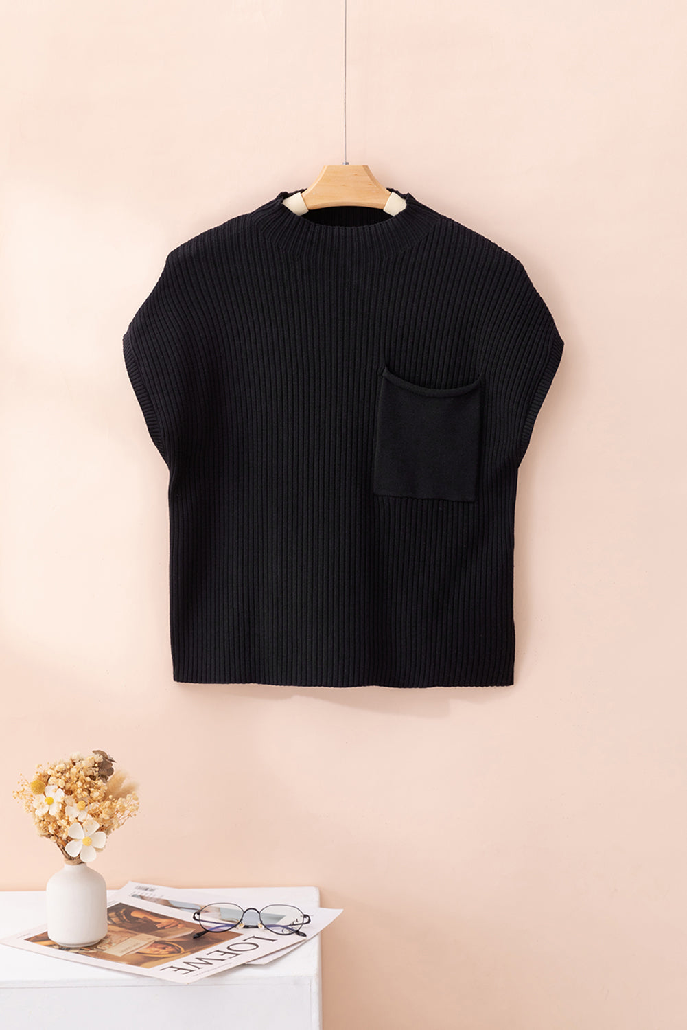 Black Patch Pocket Ribbed Knit Short Sleeve Sweater-Chaelisa's New Jammies