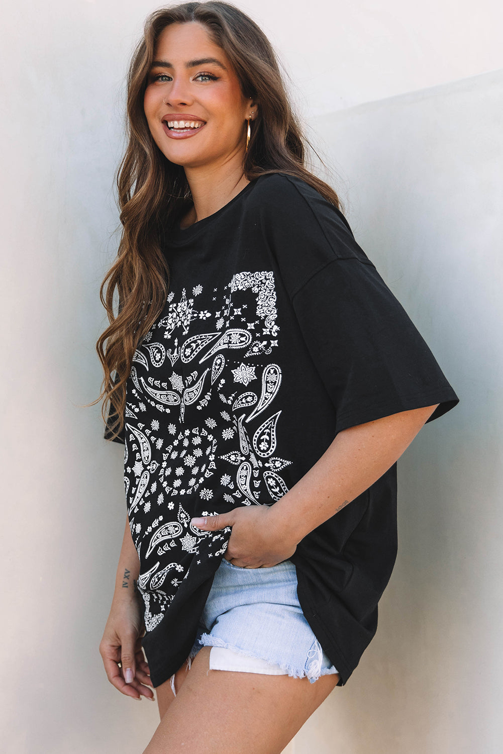 Black Paisley Print Crew Neck Loose Fit Tunic Tee-Chaelisa's New Jammies
