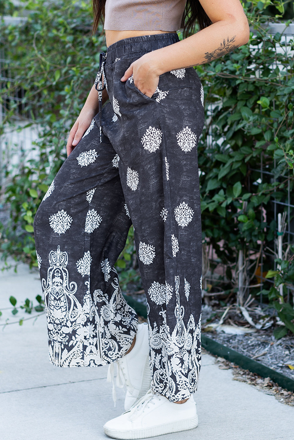 Black Bohemian Printed Drawstring Waist Wide Leg Pants-Chaelisa's New Jammies