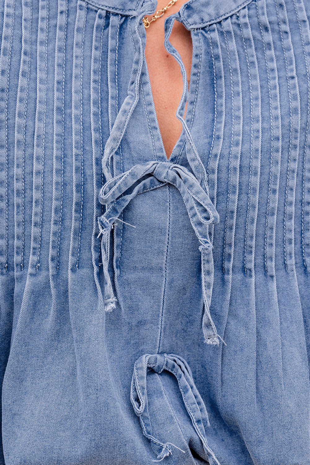 Myosotis Denim Front Pintuck Bow Tie Puff Sleeve Top-Chaelisa's New Jammies