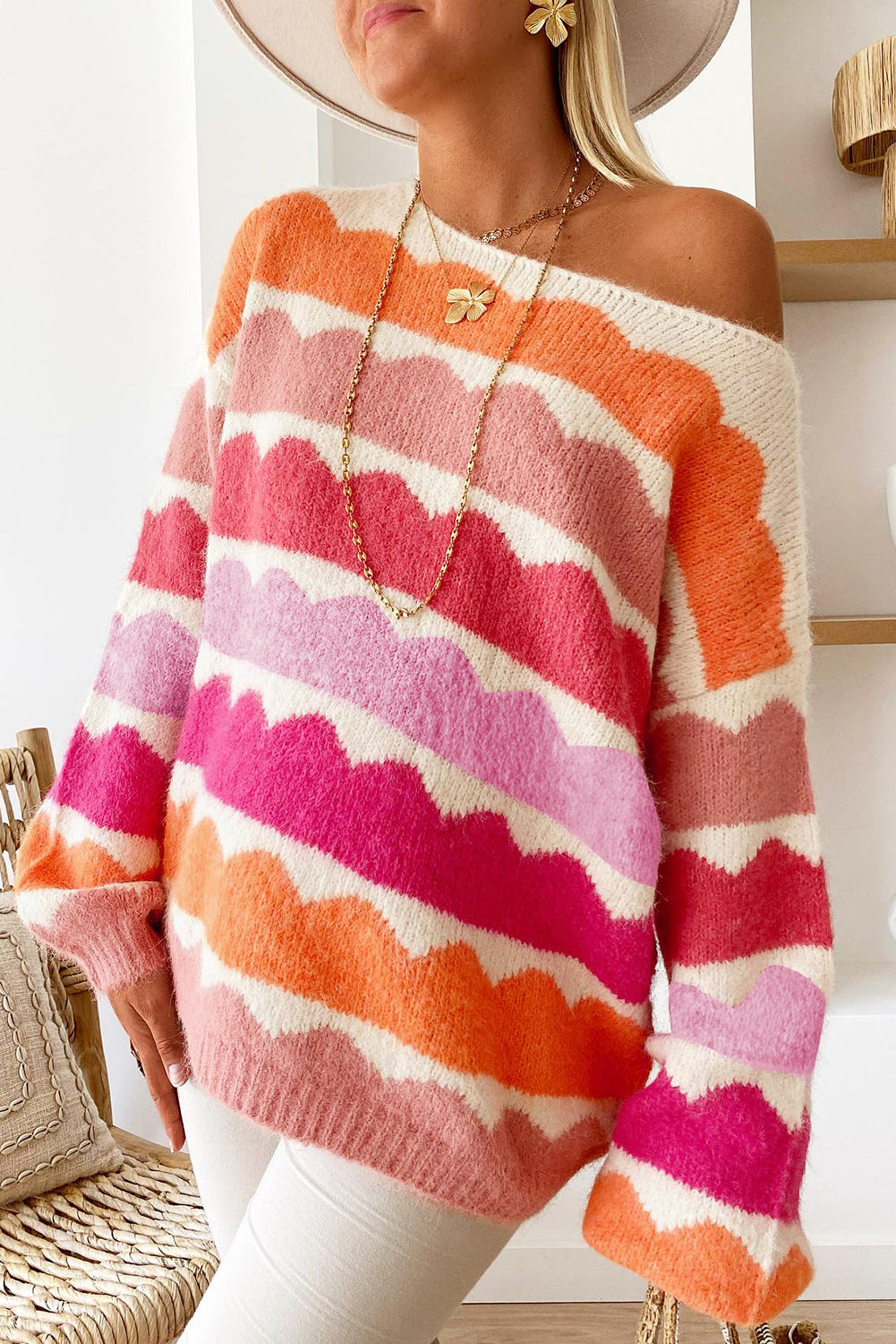 Rose Red Wave Striped Balloon Sleeve Drop Shoulder Sweater-Chaelisa's New Jammies