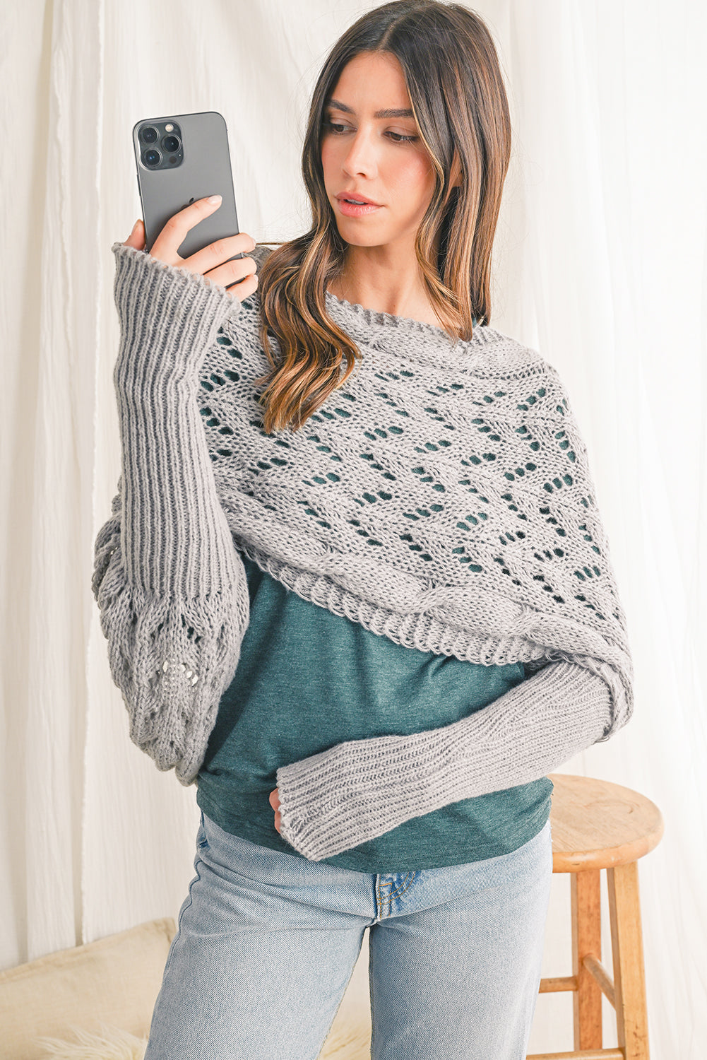 Gray Cross Detail Hollowed Knit Scarf with Sleeves-Chaelisa's New Jammies