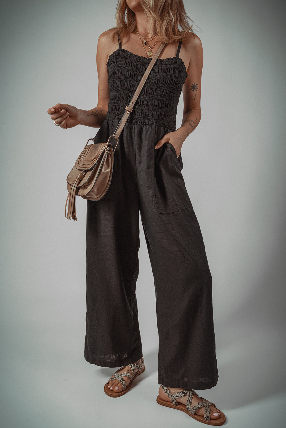 Black Spaghetti Straps Shirred Bodice Pocketed Wide Leg Jumpsuit-Chaelisa's New Jammies
