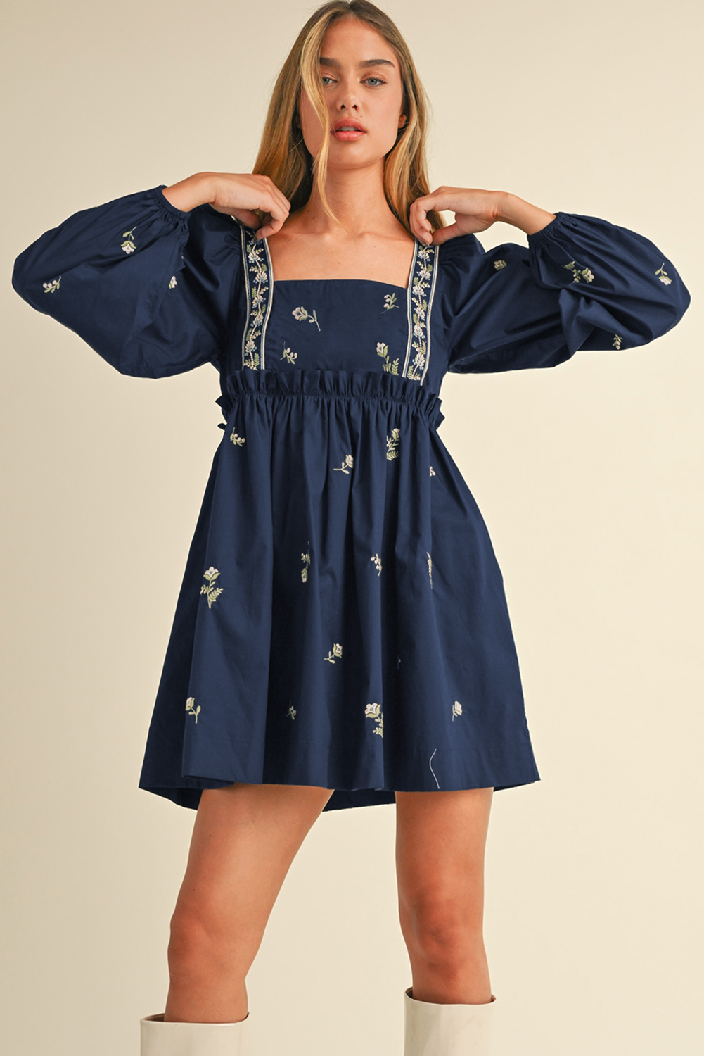 Blue Floral Embroidered Square Neck Puff Sleeve Ruffled Mini Dress-Chaelisa's New Jammies