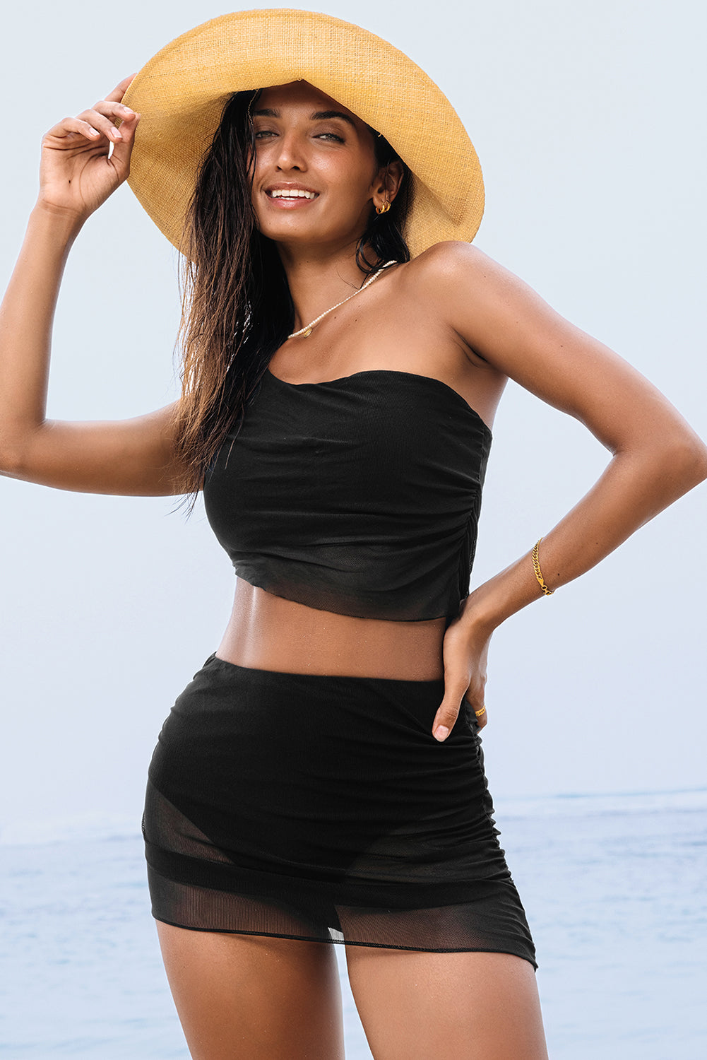 Black Pleated Mesh One Shoulder Bikini Top and Skirts Set-Chaelisa's New Jammies