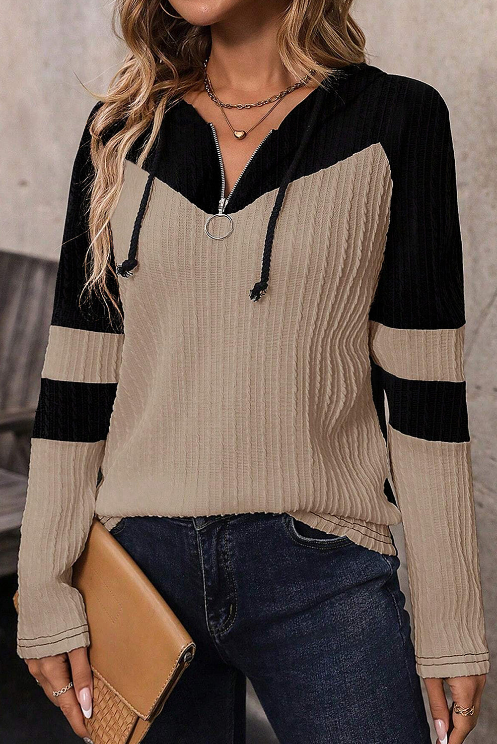 Parchment Textured Colorblock Long Sleeve Quarter Zip Drawstring Hooded Top-Chaelisa's New Jammies