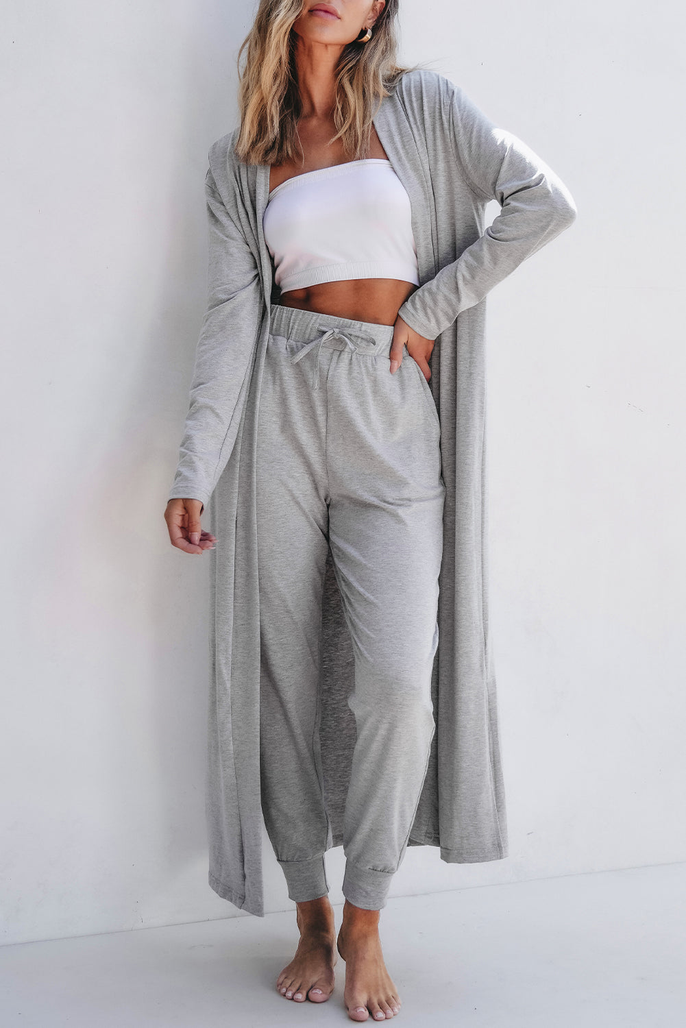 Light Grey Split Long Cardigan and Skinny Pants Lounge Set-Chaelisa's New Jammies